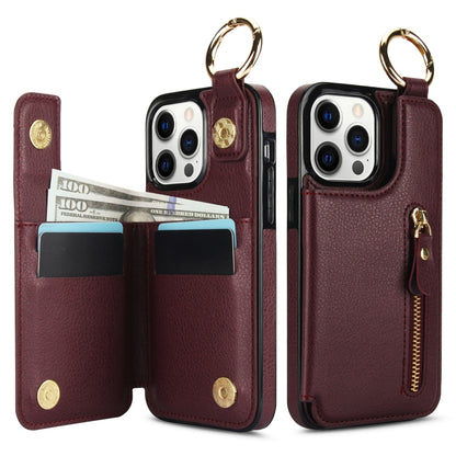 For iPhone 12 Pro Litchi Texture Zipper Double Buckle Card Bag Phone Case(Maroon Red) - iPhone 12 / 12 Pro Cases by buy2fix | Online Shopping UK | buy2fix