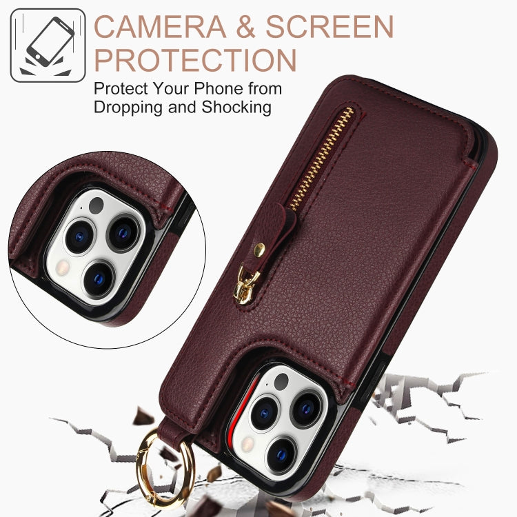 For iPhone 12 Pro Litchi Texture Zipper Double Buckle Card Bag Phone Case(Maroon Red) - iPhone 12 / 12 Pro Cases by buy2fix | Online Shopping UK | buy2fix