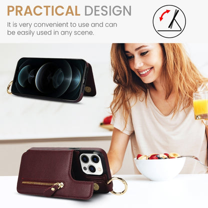 For iPhone 12 Pro Litchi Texture Zipper Double Buckle Card Bag Phone Case(Maroon Red) - iPhone 12 / 12 Pro Cases by buy2fix | Online Shopping UK | buy2fix