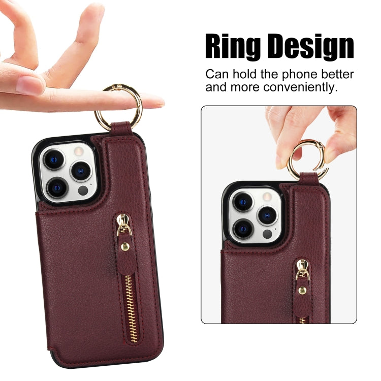 For iPhone 12 Pro Litchi Texture Zipper Double Buckle Card Bag Phone Case(Maroon Red) - iPhone 12 / 12 Pro Cases by buy2fix | Online Shopping UK | buy2fix