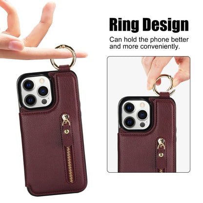 For iPhone 12 Pro Litchi Texture Zipper Double Buckle Card Bag Phone Case(Maroon Red) - iPhone 12 / 12 Pro Cases by buy2fix | Online Shopping UK | buy2fix