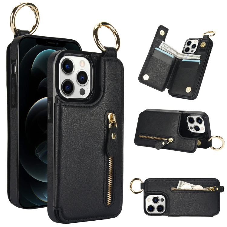 For iPhone 12 Pro Litchi Texture Zipper Double Buckle Card Bag Phone Case(Black) - iPhone 12 / 12 Pro Cases by buy2fix | Online Shopping UK | buy2fix