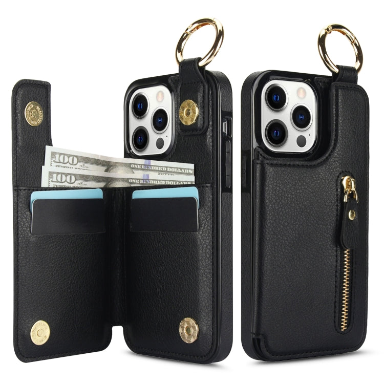 For iPhone 12 Pro Litchi Texture Zipper Double Buckle Card Bag Phone Case(Black) - iPhone 12 / 12 Pro Cases by buy2fix | Online Shopping UK | buy2fix