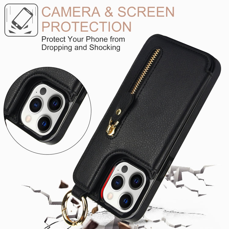 For iPhone 12 Pro Litchi Texture Zipper Double Buckle Card Bag Phone Case(Black) - iPhone 12 / 12 Pro Cases by buy2fix | Online Shopping UK | buy2fix