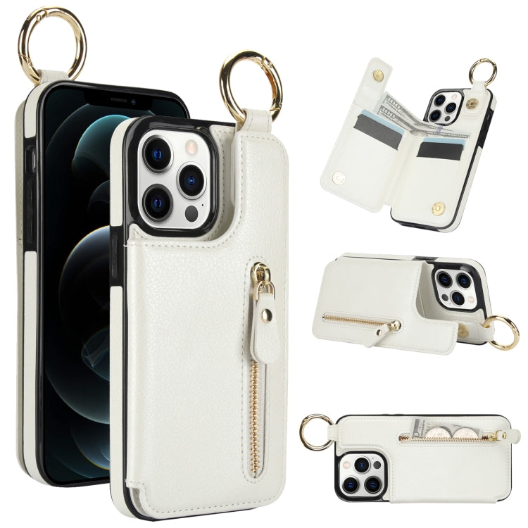 For iPhone 12 Pro Litchi Texture Zipper Double Buckle Card Bag Phone Case(White) - iPhone 12 / 12 Pro Cases by buy2fix | Online Shopping UK | buy2fix