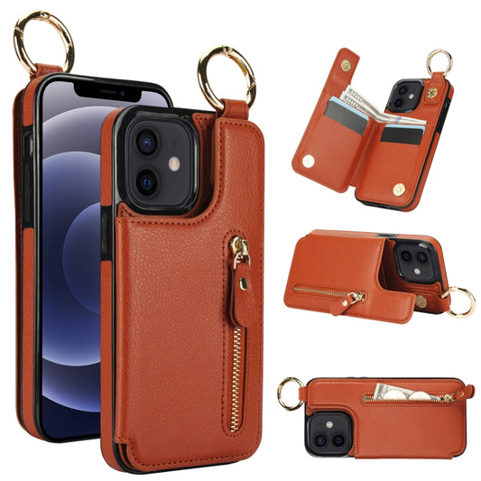 For iPhone 12 mini Litchi Texture Zipper Double Buckle Card Bag Phone Case(Brown) - iPhone 12 mini Cases by buy2fix | Online Shopping UK | buy2fix