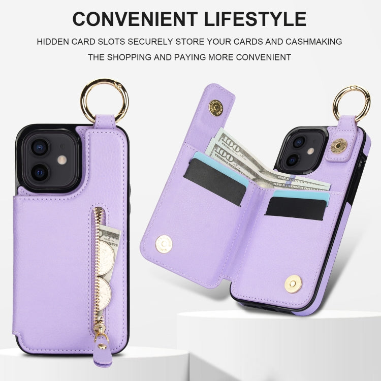 For iPhone 12 mini Litchi Texture Zipper Double Buckle Card Bag Phone Case(Purple) - iPhone 12 mini Cases by buy2fix | Online Shopping UK | buy2fix