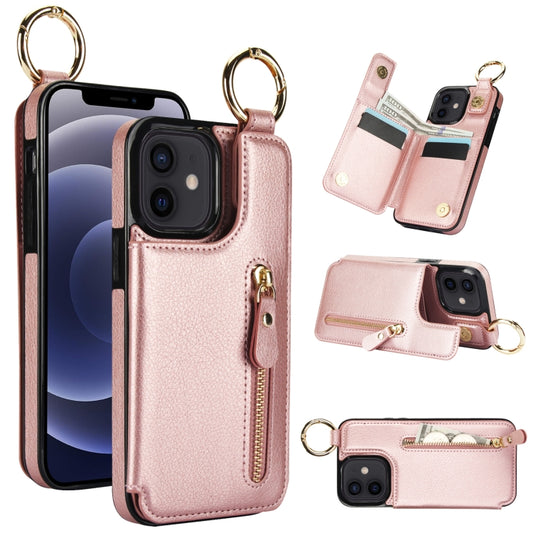For iPhone 12 mini Litchi Texture Zipper Double Buckle Card Bag Phone Case(Rose Gold) - iPhone 12 mini Cases by buy2fix | Online Shopping UK | buy2fix