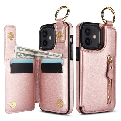 For iPhone 12 mini Litchi Texture Zipper Double Buckle Card Bag Phone Case(Rose Gold) - iPhone 12 mini Cases by buy2fix | Online Shopping UK | buy2fix