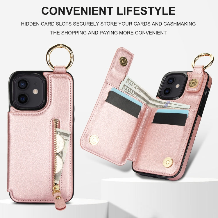 For iPhone 12 mini Litchi Texture Zipper Double Buckle Card Bag Phone Case(Rose Gold) - iPhone 12 mini Cases by buy2fix | Online Shopping UK | buy2fix