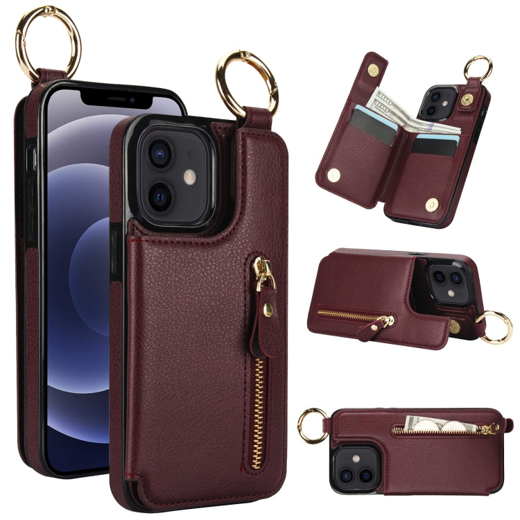 For iPhone 12 mini Litchi Texture Zipper Double Buckle Card Bag Phone Case(Maroon Red) - iPhone 12 mini Cases by buy2fix | Online Shopping UK | buy2fix