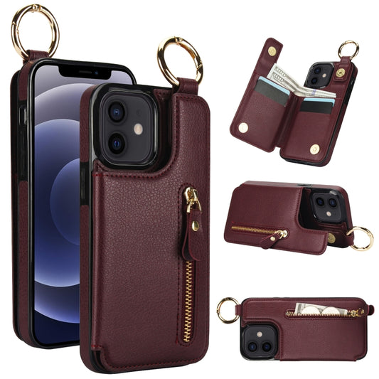 For iPhone 12 mini Litchi Texture Zipper Double Buckle Card Bag Phone Case(Maroon Red) - iPhone 12 mini Cases by buy2fix | Online Shopping UK | buy2fix