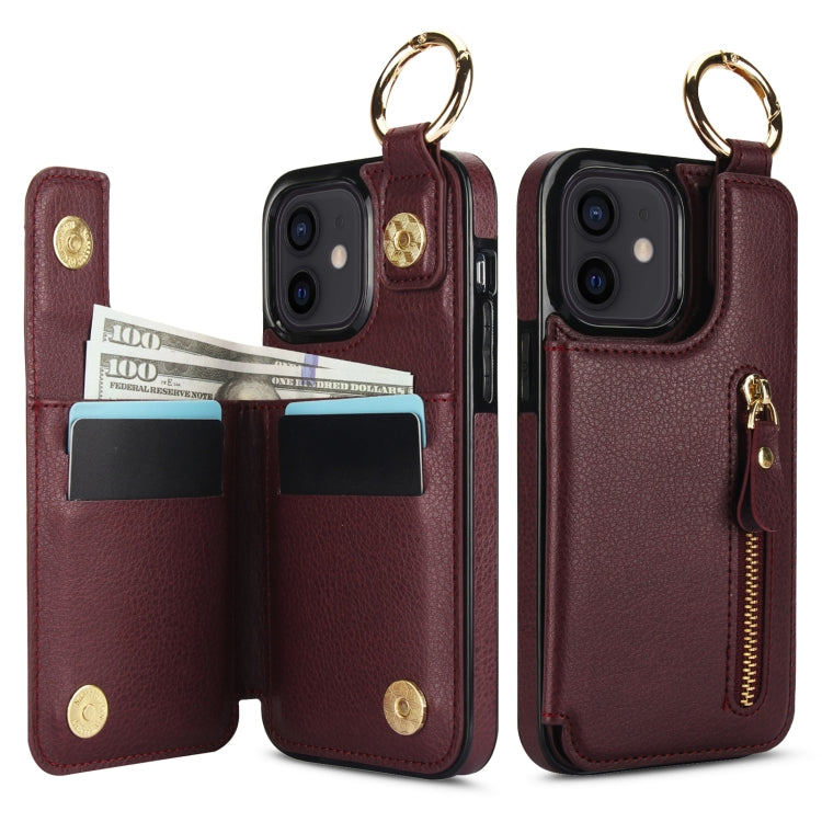 For iPhone 12 mini Litchi Texture Zipper Double Buckle Card Bag Phone Case(Maroon Red) - iPhone 12 mini Cases by buy2fix | Online Shopping UK | buy2fix