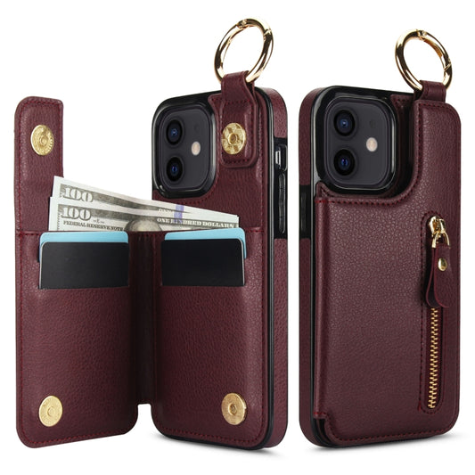 For iPhone 12 mini Litchi Texture Zipper Double Buckle Card Bag Phone Case(Maroon Red) - iPhone 12 mini Cases by buy2fix | Online Shopping UK | buy2fix