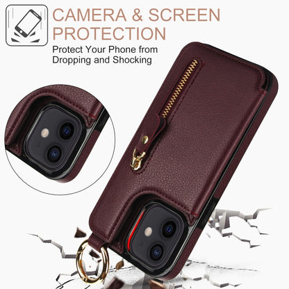 For iPhone 12 mini Litchi Texture Zipper Double Buckle Card Bag Phone Case(Maroon Red) - iPhone 12 mini Cases by buy2fix | Online Shopping UK | buy2fix