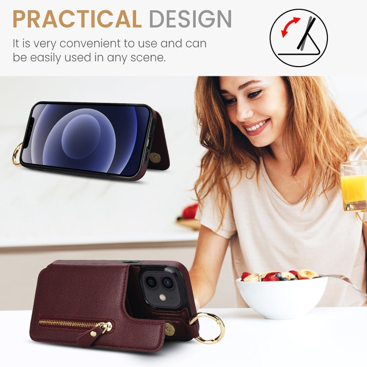 For iPhone 12 mini Litchi Texture Zipper Double Buckle Card Bag Phone Case(Maroon Red) - iPhone 12 mini Cases by buy2fix | Online Shopping UK | buy2fix