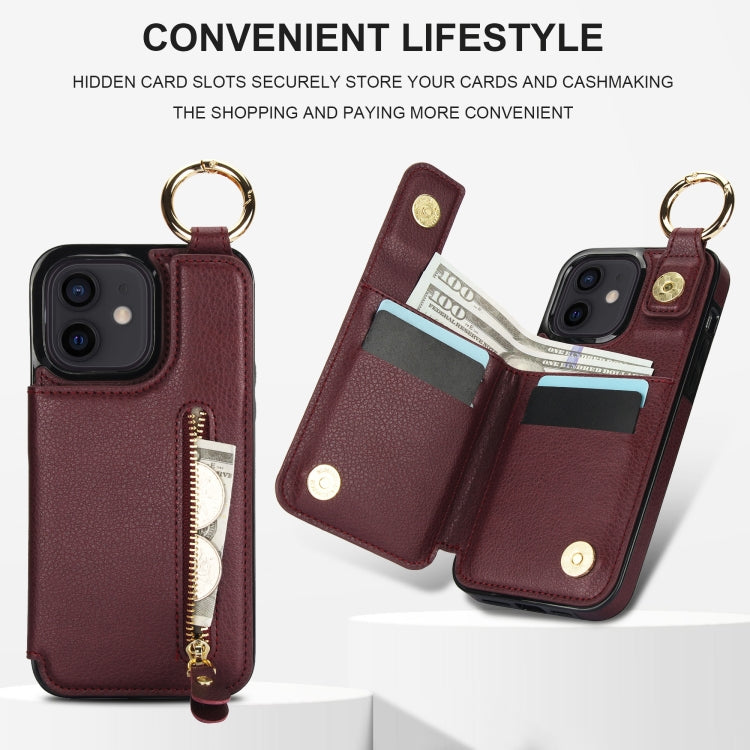For iPhone 12 mini Litchi Texture Zipper Double Buckle Card Bag Phone Case(Maroon Red) - iPhone 12 mini Cases by buy2fix | Online Shopping UK | buy2fix