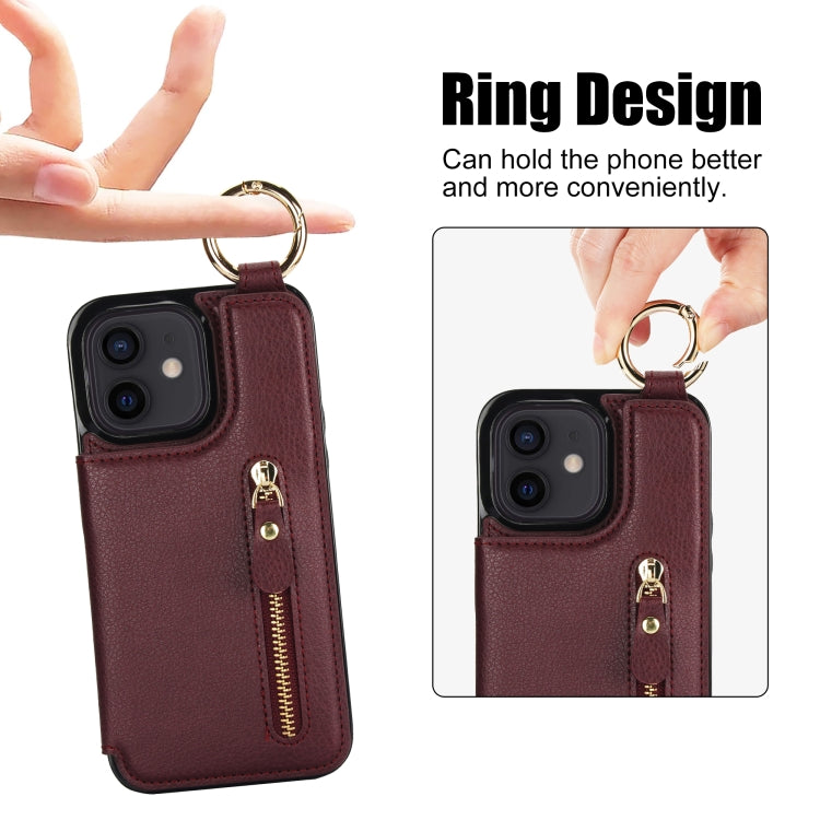 For iPhone 12 mini Litchi Texture Zipper Double Buckle Card Bag Phone Case(Maroon Red) - iPhone 12 mini Cases by buy2fix | Online Shopping UK | buy2fix