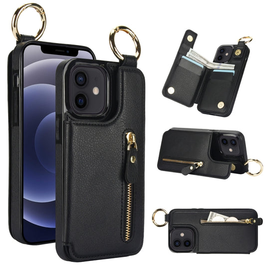 For iPhone 12 mini Litchi Texture Zipper Double Buckle Card Bag Phone Case(Black) - iPhone 12 mini Cases by buy2fix | Online Shopping UK | buy2fix