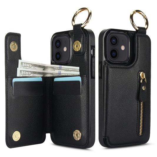 For iPhone 12 mini Litchi Texture Zipper Double Buckle Card Bag Phone Case(Black) - iPhone 12 mini Cases by buy2fix | Online Shopping UK | buy2fix
