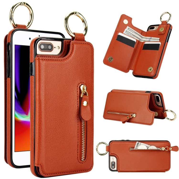 For iPhone 8 Plus / 7 Plus Litchi Texture Zipper Double Buckle Card Bag Phone Case(Brown) - More iPhone Cases by buy2fix | Online Shopping UK | buy2fix