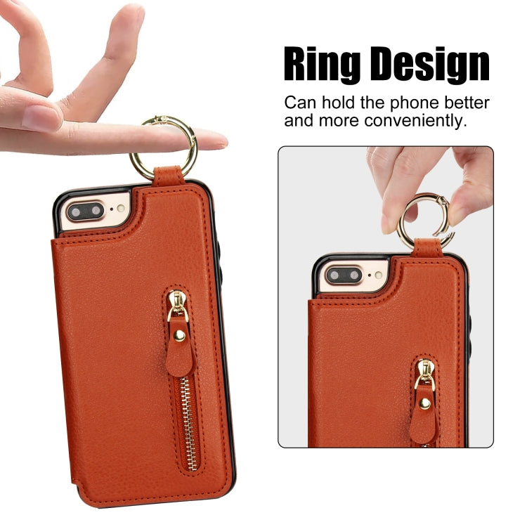 For iPhone 8 Plus / 7 Plus Litchi Texture Zipper Double Buckle Card Bag Phone Case(Brown) - More iPhone Cases by buy2fix | Online Shopping UK | buy2fix