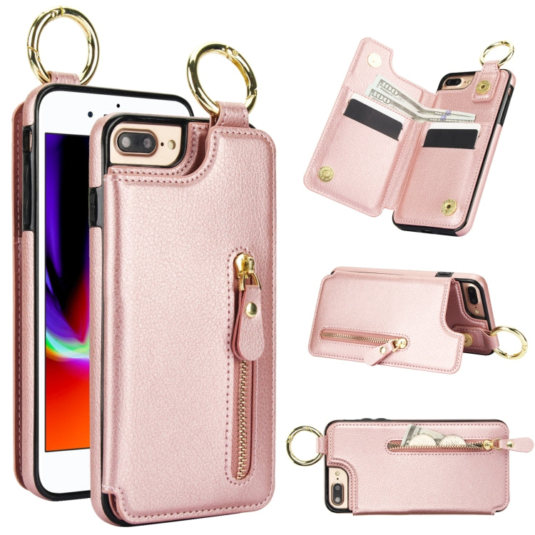 For iPhone 8 Plus / 7 Plus Litchi Texture Zipper Double Buckle Card Bag Phone Case(Rose Gold) - More iPhone Cases by buy2fix | Online Shopping UK | buy2fix