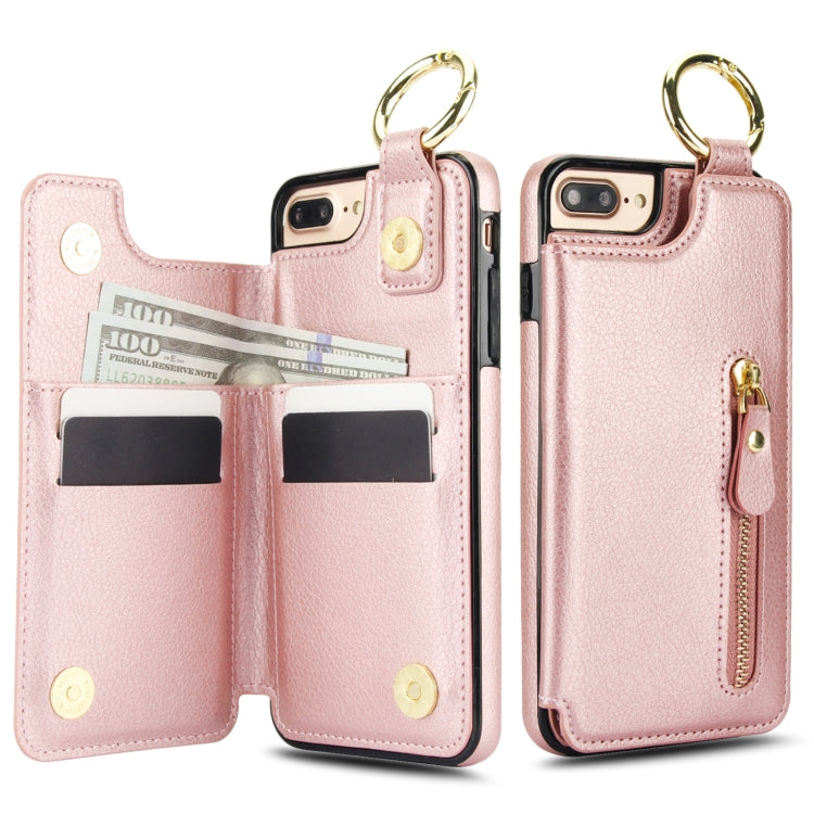 For iPhone 8 Plus / 7 Plus Litchi Texture Zipper Double Buckle Card Bag Phone Case(Rose Gold) - More iPhone Cases by buy2fix | Online Shopping UK | buy2fix