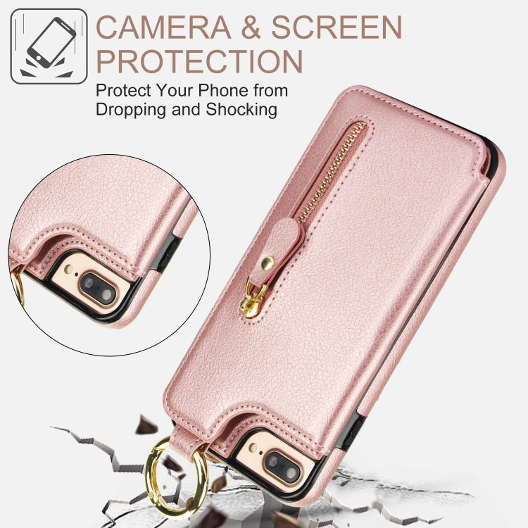 For iPhone 8 Plus / 7 Plus Litchi Texture Zipper Double Buckle Card Bag Phone Case(Rose Gold) - More iPhone Cases by buy2fix | Online Shopping UK | buy2fix