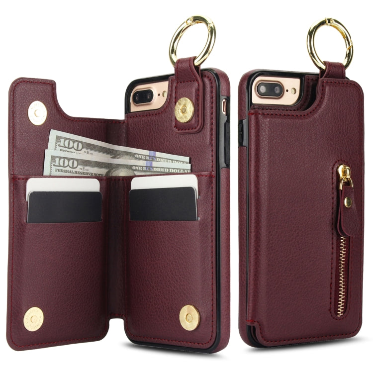 For iPhone 8 Plus / 7 Plus Litchi Texture Zipper Double Buckle Card Bag Phone Case(Maroon Red) - More iPhone Cases by buy2fix | Online Shopping UK | buy2fix