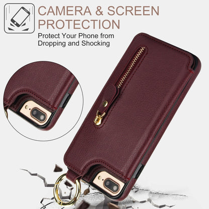 For iPhone 8 Plus / 7 Plus Litchi Texture Zipper Double Buckle Card Bag Phone Case(Maroon Red) - More iPhone Cases by buy2fix | Online Shopping UK | buy2fix
