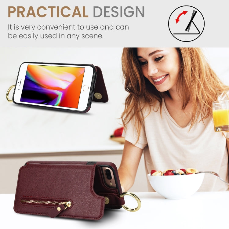 For iPhone 8 Plus / 7 Plus Litchi Texture Zipper Double Buckle Card Bag Phone Case(Maroon Red) - More iPhone Cases by buy2fix | Online Shopping UK | buy2fix