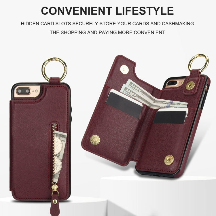 For iPhone 8 Plus / 7 Plus Litchi Texture Zipper Double Buckle Card Bag Phone Case(Maroon Red) - More iPhone Cases by buy2fix | Online Shopping UK | buy2fix
