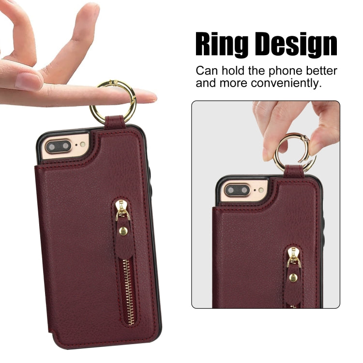 For iPhone 8 Plus / 7 Plus Litchi Texture Zipper Double Buckle Card Bag Phone Case(Maroon Red) - More iPhone Cases by buy2fix | Online Shopping UK | buy2fix
