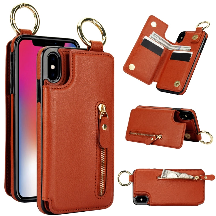 For iPhone XS / X Litchi Texture Zipper Double Buckle Card Bag Phone Case(Brown) - More iPhone Cases by buy2fix | Online Shopping UK | buy2fix