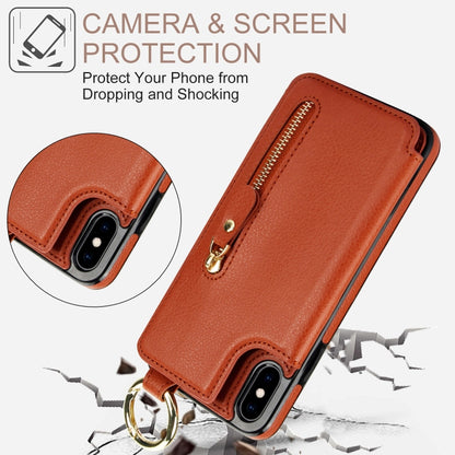 For iPhone XS / X Litchi Texture Zipper Double Buckle Card Bag Phone Case(Brown) - More iPhone Cases by buy2fix | Online Shopping UK | buy2fix