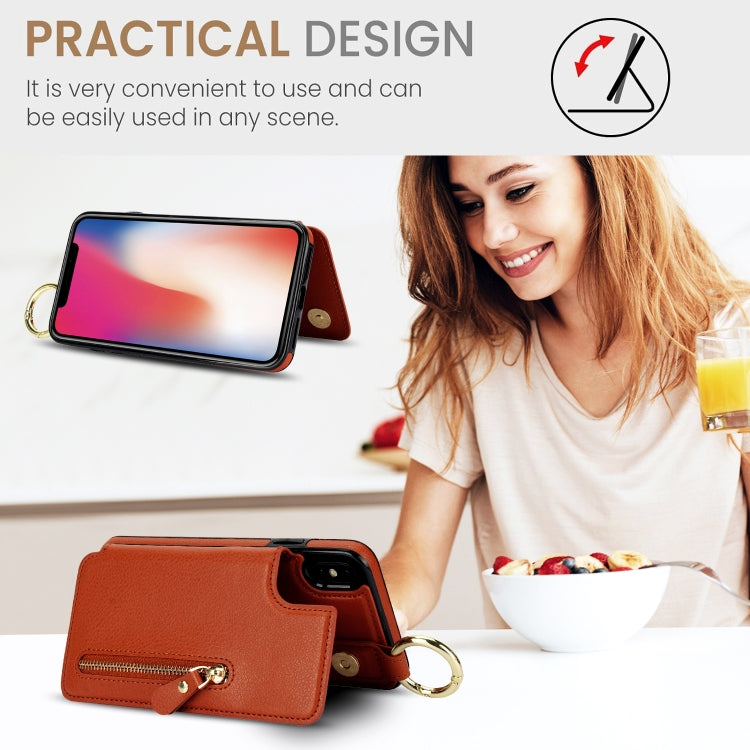 For iPhone XS / X Litchi Texture Zipper Double Buckle Card Bag Phone Case(Brown) - More iPhone Cases by buy2fix | Online Shopping UK | buy2fix