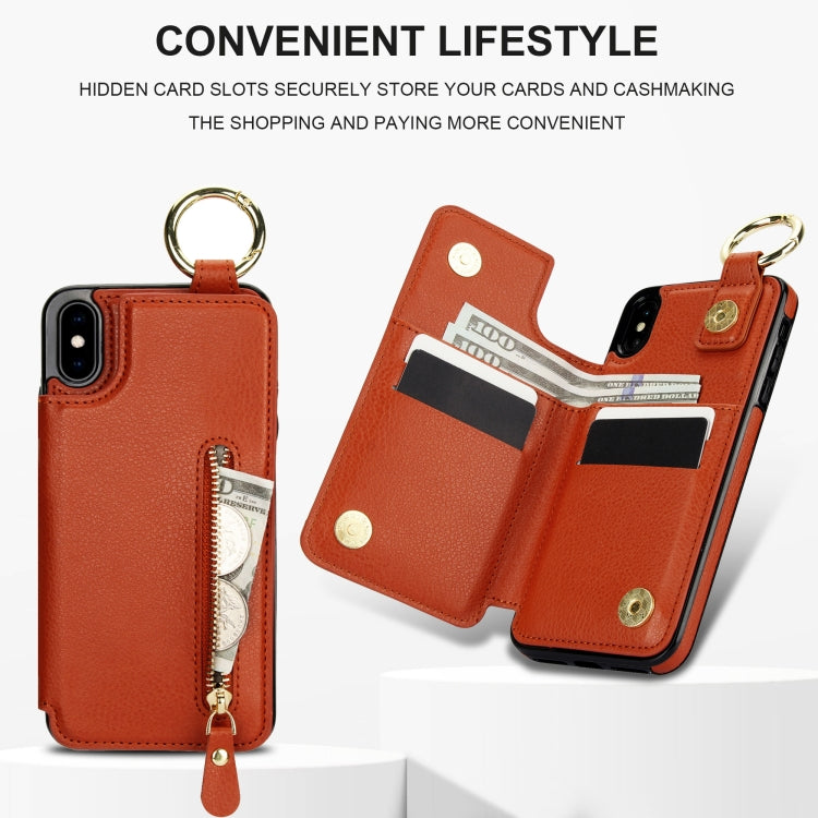 For iPhone XS / X Litchi Texture Zipper Double Buckle Card Bag Phone Case(Brown) - More iPhone Cases by buy2fix | Online Shopping UK | buy2fix
