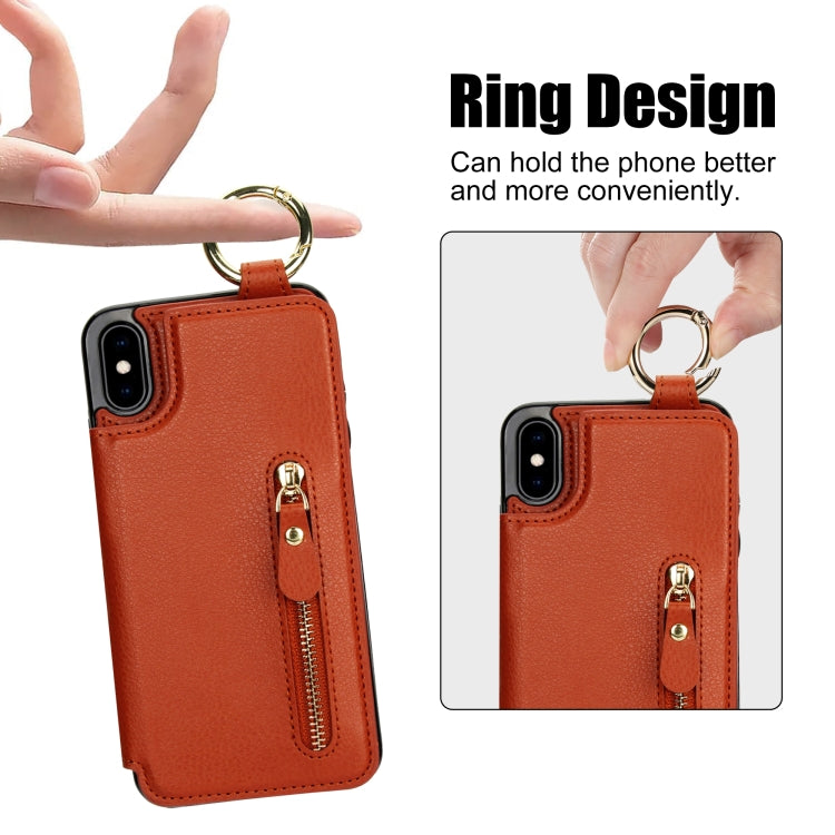 For iPhone XS / X Litchi Texture Zipper Double Buckle Card Bag Phone Case(Brown) - More iPhone Cases by buy2fix | Online Shopping UK | buy2fix