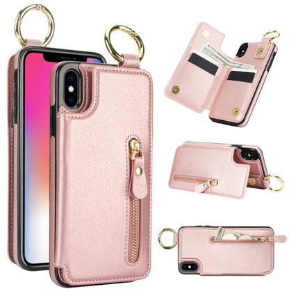For iPhone XS / X Litchi Texture Zipper Double Buckle Card Bag Phone Case(Rose Gold) - More iPhone Cases by buy2fix | Online Shopping UK | buy2fix