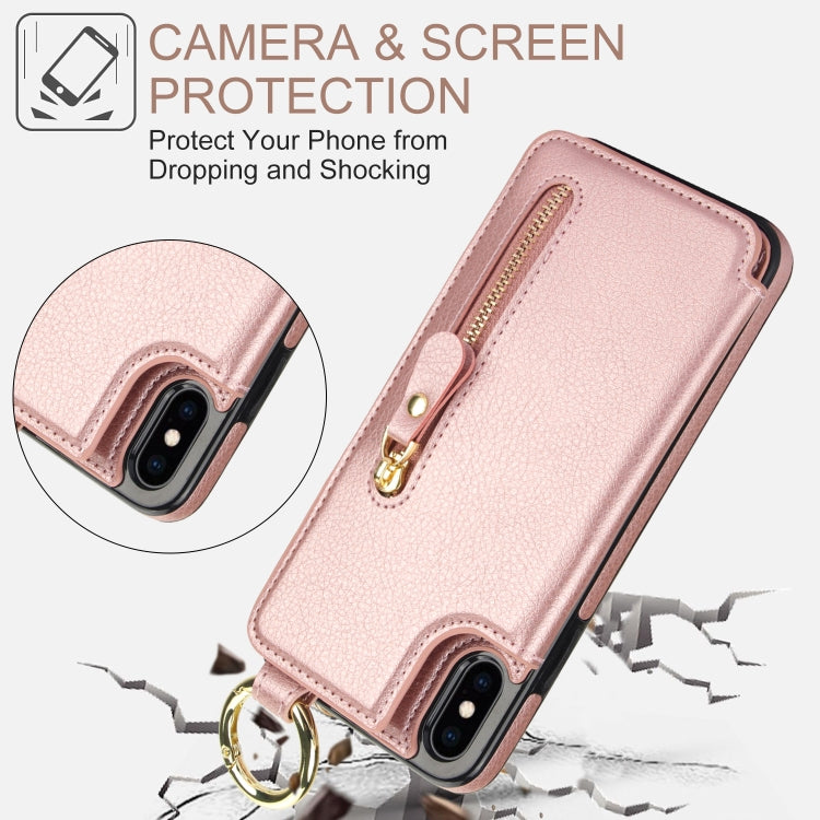 For iPhone XS / X Litchi Texture Zipper Double Buckle Card Bag Phone Case(Rose Gold) - More iPhone Cases by buy2fix | Online Shopping UK | buy2fix
