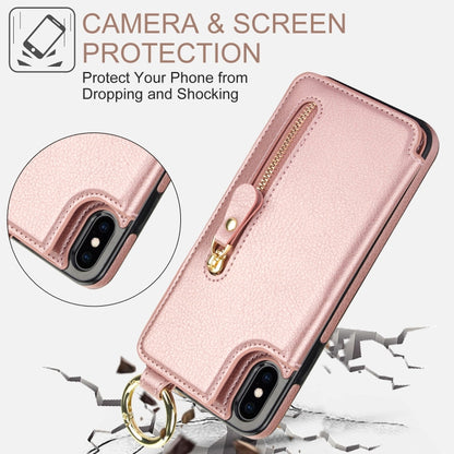 For iPhone XS / X Litchi Texture Zipper Double Buckle Card Bag Phone Case(Rose Gold) - More iPhone Cases by buy2fix | Online Shopping UK | buy2fix