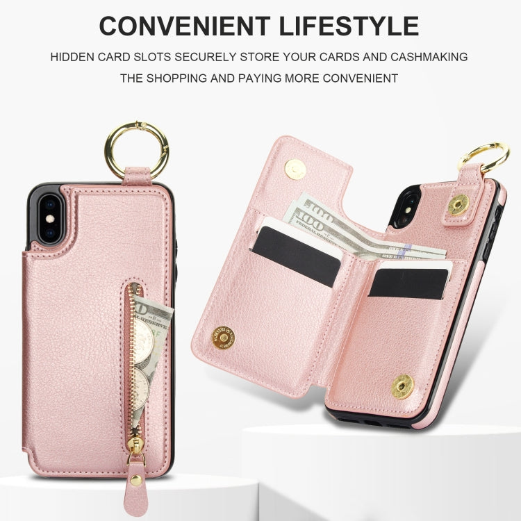 For iPhone XS / X Litchi Texture Zipper Double Buckle Card Bag Phone Case(Rose Gold) - More iPhone Cases by buy2fix | Online Shopping UK | buy2fix