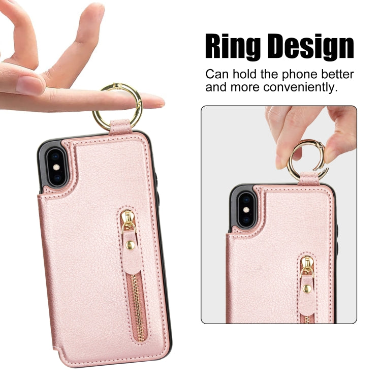 For iPhone XS / X Litchi Texture Zipper Double Buckle Card Bag Phone Case(Rose Gold) - More iPhone Cases by buy2fix | Online Shopping UK | buy2fix