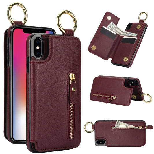 For iPhone XS / X Litchi Texture Zipper Double Buckle Card Bag Phone Case(Maroon Red) - More iPhone Cases by buy2fix | Online Shopping UK | buy2fix