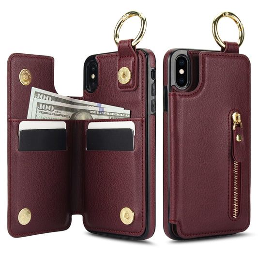 For iPhone XS / X Litchi Texture Zipper Double Buckle Card Bag Phone Case(Maroon Red) - More iPhone Cases by buy2fix | Online Shopping UK | buy2fix