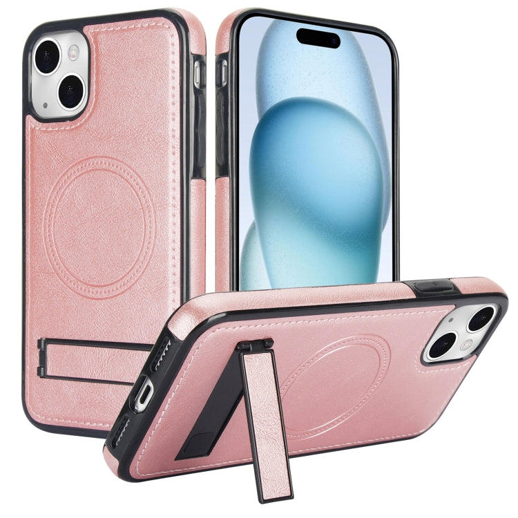 For iPhone 15 Retro Leather Invisible Stand MagSafe Phone Case(Rose Gold) - iPhone 15 Cases by buy2fix | Online Shopping UK | buy2fix