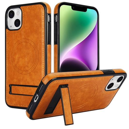 For iPhone 14 Plus Retro Leather Invisible Stand MagSafe Phone Case(Yellow) - iPhone 14 Plus Cases by buy2fix | Online Shopping UK | buy2fix