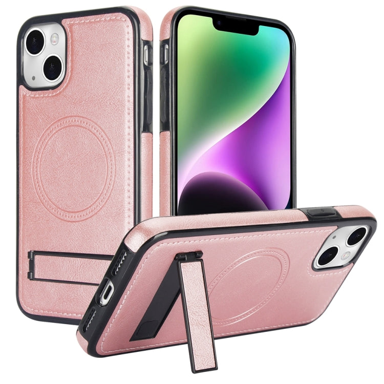 For iPhone 14 Retro Leather Invisible Stand MagSafe Phone Case(Rose Gold) - iPhone 14 Cases by buy2fix | Online Shopping UK | buy2fix