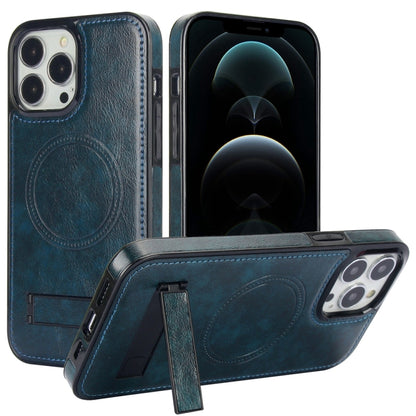 For iPhone 12 Pro Max Retro Leather Invisible Stand MagSafe Phone Case(Blue) by buy2fix